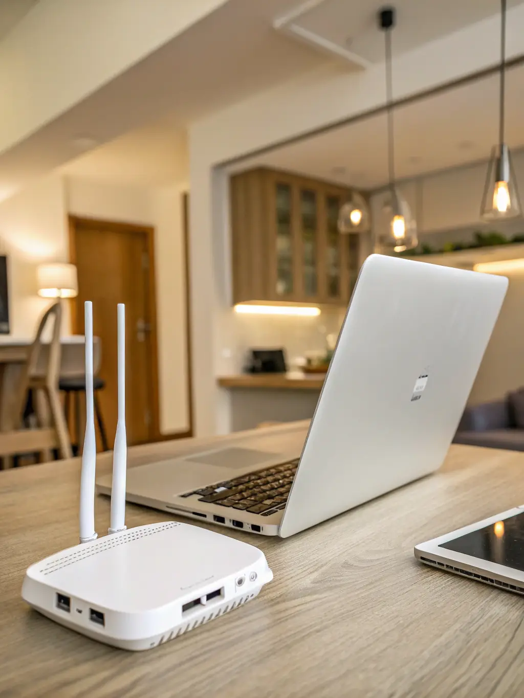 A high-speed Wi-Fi setup with a laptop on a desk, emphasizing the connectivity and convenience for guests who need to work or stay connected during their stay.
