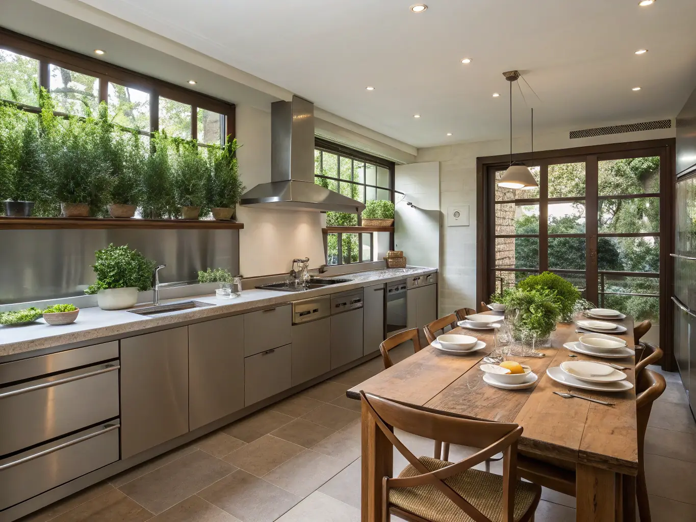A modern and well-equipped kitchen in another Maison d'Alsace apartment, showcasing stainless steel appliances, wooden cabinets, and a dining table set for two.
