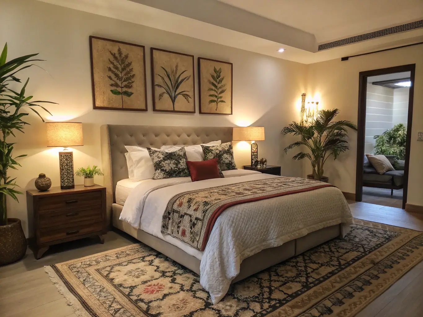 A comfortable bedroom in one of the Maison d'Alsace apartments, featuring a queen-sized bed, soft lighting, and traditional Alsatian textiles.