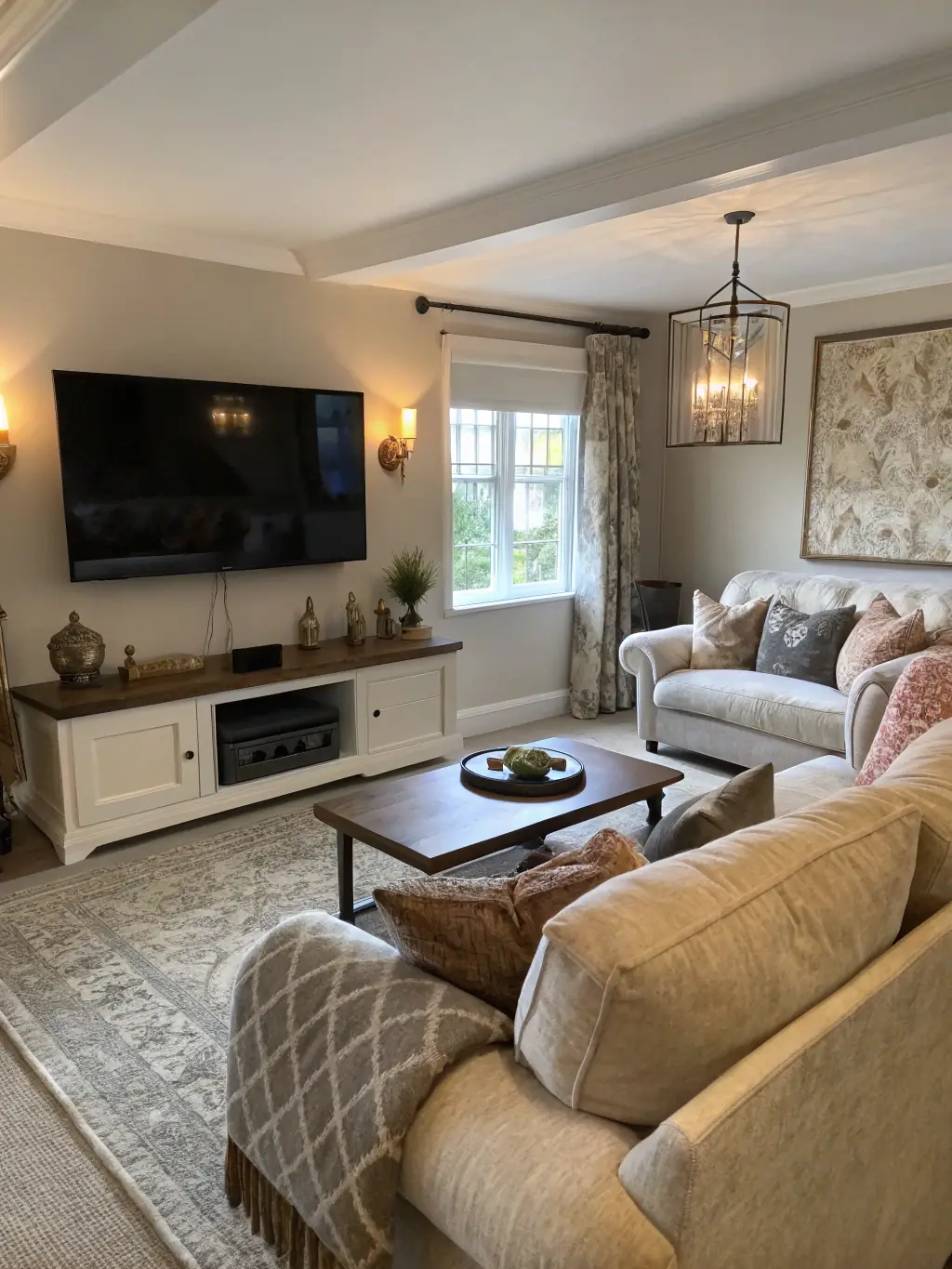 A cozy living room area with comfortable seating and a flat-screen TV, showcasing the relaxation and entertainment options available in the apartments.